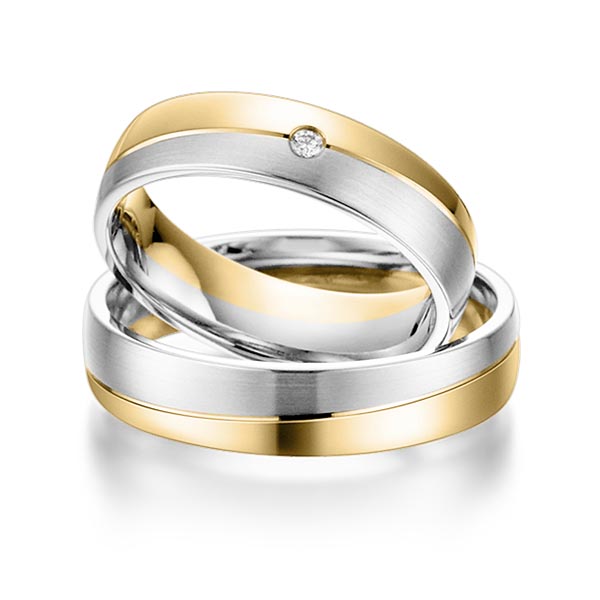 Set Bicolor trouwringen in geelgoud 14 kt. witgoud 14 kt. met in totaal 0,015 ct. Briljant tw/si van acredo - S-1102-1