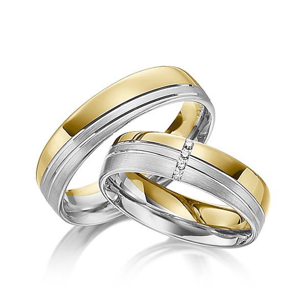 Set Bicolor trouwringen in geelgoud 14 kt. witgoud 14 kt. met in totaal 0,02 ct. Briljant tw/si van Steinberg - Q-1174-1 Set Bicolor trouwringen in geelgoud 14 kt. witgoud 14 kt. met in totaal 0,02 ct. Briljant tw/si van Steinberg - Q-1174-1
