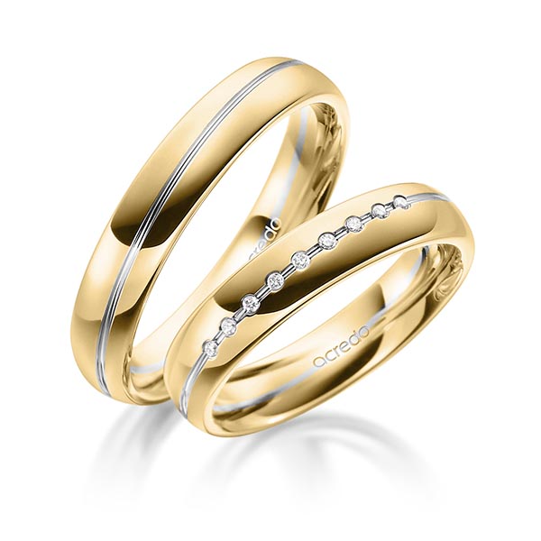 Set Bicolor trouwringen in geelgoud 14 kt. witgoud 14 kt. met in totaal 0,045 ct. Briljant tw/si van acredo