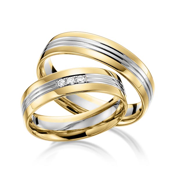 Set Bicolor trouwringen in geelgoud 14 kt. witgoud 14 kt. met in totaal 0,045 ct. Briljant tw/si van acredo
