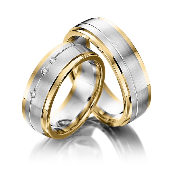 Set Bicolor trouwringen in geelgoud 14 kt. witgoud 14 kt. met in totaal 0,045 ct. Briljant tw/si van Steinberg - Q-1204-15 Set Bicolor trouwringen in geelgoud 14 kt. witgoud 14 kt. met in totaal 0,045 ct. Briljant tw/si van Steinberg - Q-1204-15