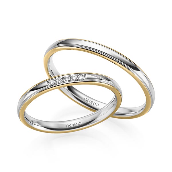 Set Bicolor trouwringen in geelgoud 14 kt. witgoud 14 kt. met in totaal 0,04 ct. Briljant tw/si van acredo