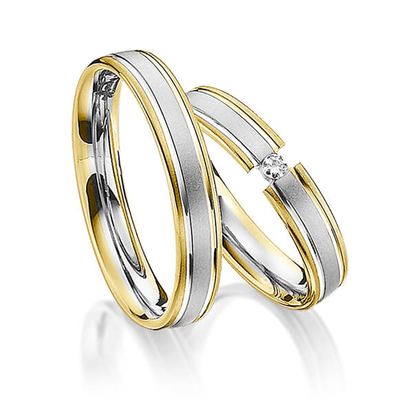 Set Bicolor trouwringen in geelgoud 14 kt. witgoud 14 kt. met in totaal 0,04 ct. Briljant tw/si van Steinberg - Q-1181-4 Set Bicolor trouwringen in geelgoud 14 kt. witgoud 14 kt. met in totaal 0,04 ct. Briljant tw/si van Steinberg - Q-1181-4