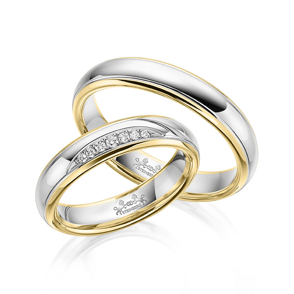 Set Bicolor trouwringen in geelgoud 14 kt. witgoud 14 kt. met in totaal 0,059 ct. Briljant tw/si van Steinberg