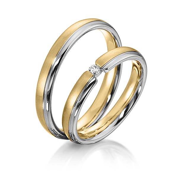 Set Bicolor trouwringen in geelgoud 14 kt. witgoud 14 kt. met in totaal 0,05 ct. Briljant tw/si van acredo - S-1150-2
