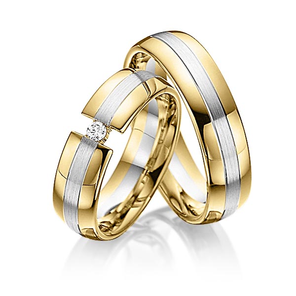Set Bicolor trouwringen in geelgoud 14 kt. witgoud 14 kt. met in totaal 0,05 ct. Briljant tw/si van Steinberg