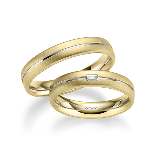 Set Bicolor trouwringen in geelgoud 14 kt. witgoud 14 kt. met in totaal 0,06 ct. Baguette-Diamant tw,vs van acredo