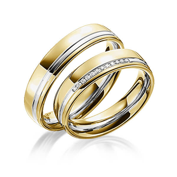 Set Bicolor trouwringen in geelgoud 14 kt. witgoud 14 kt. met in totaal 0,06 ct. Briljant tw/si van Steinberg