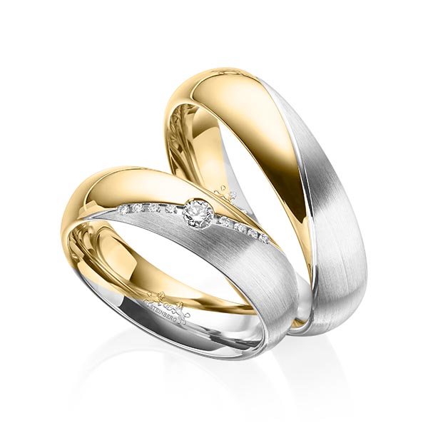 Set Bicolor trouwringen in geelgoud 14 kt. witgoud 14 kt. met in totaal 0,09 ct. Briljant tw/si van Steinberg