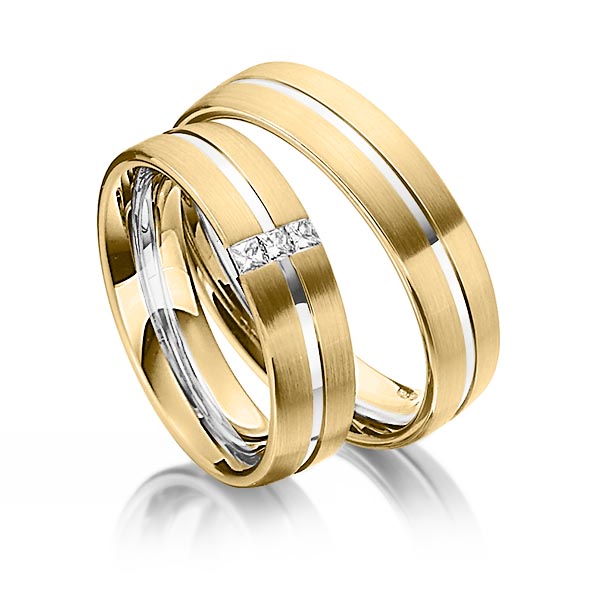 Set Bicolor trouwringen in geelgoud 14 kt. witgoud 14 kt. met in totaal 0,09 ct. Princess-Diamant tw/si van Steinberg