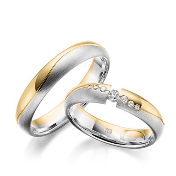 Set Bicolor trouwringen in geelgoud 14 kt. witgoud 14 kt. met in totaal 0,11 ct. Briljant tw/si van acredo