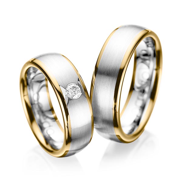 Set Bicolor trouwringen in geelgoud 14 kt. witgoud 14 kt. met in totaal 0,15 ct. Briljant tw/si van acredo - A-1065-5