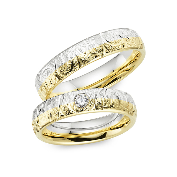 Set Bicolor trouwringen in geelgoud 14 kt. witgoud 14 kt. met in totaal 0,1 ct. Briljant tw/si van Merii