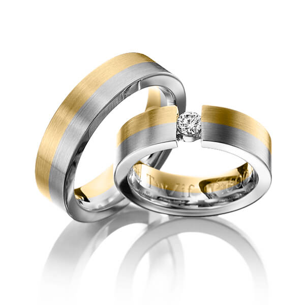 Set Bicolor trouwringen in geelgoud 14 kt. witgoud 14 kt. met in totaal 0,2 ct. Briljant tw/if van Eternal Touch - Y-1129-1 Set Bicolor trouwringen in geelgoud 14 kt. witgoud 14 kt. met in totaal 0,2 ct. Briljant tw/if van Eternal Touch - Y-1129-1
