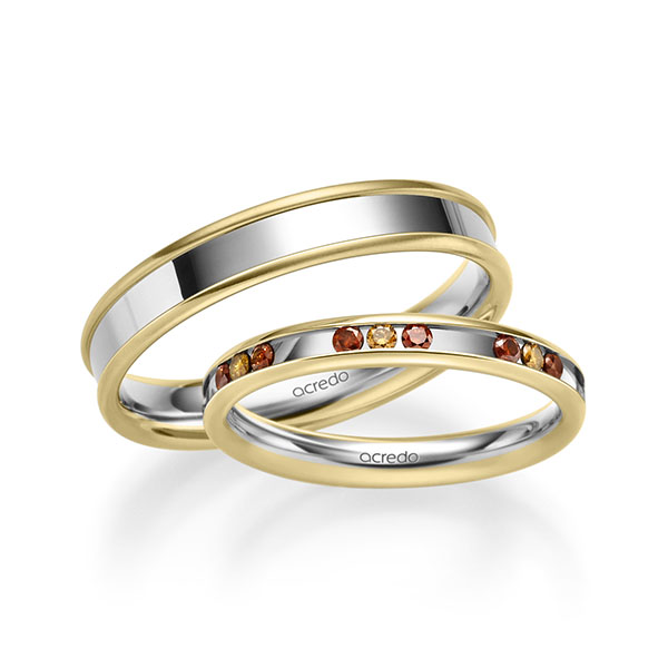 Set Bicolor trouwringen in geelgoud 14 kt. witgoud 14 kt. met in totaal 0,42 ct. Briljant Cognac Red Cherry van acredo - A-2226-8