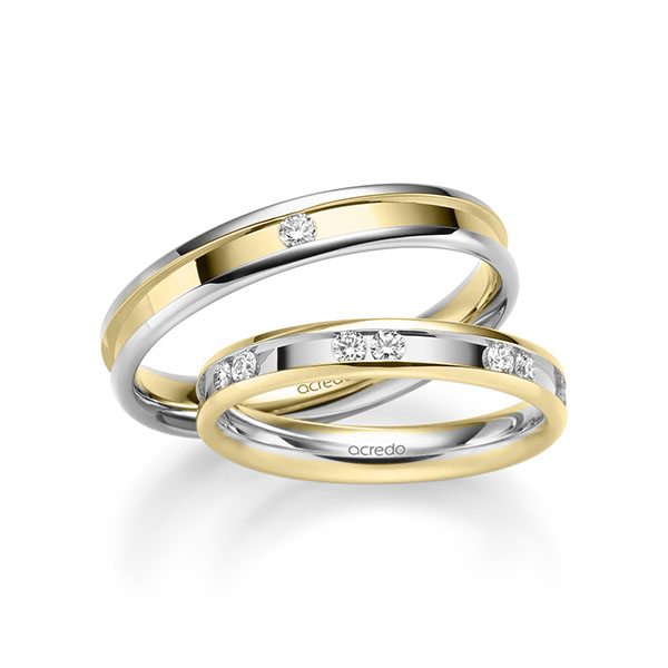 Set Bicolor trouwringen in geelgoud 14 kt. witgoud 14 kt. met in totaal 0,45 ct. Briljant tw/si van acredo - A-2230-6 Set Bicolor trouwringen in geelgoud 14 kt. witgoud 14 kt. met in totaal 0,45 ct. Briljant tw/si van acredo - A-2230-6