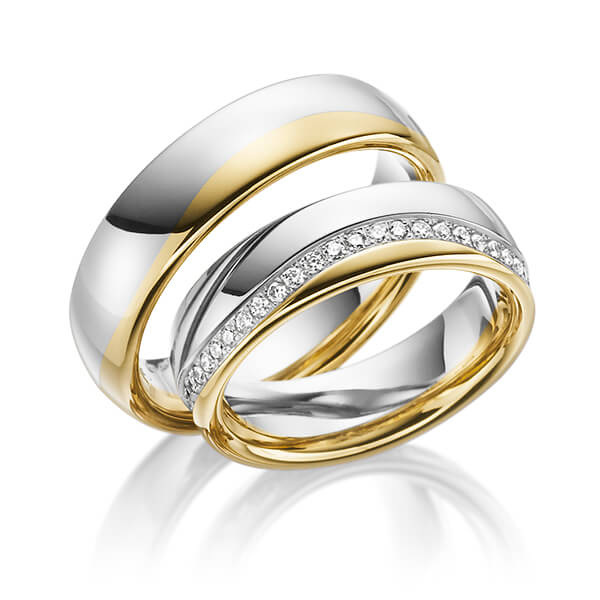 Set Bicolor trouwringen in geelgoud 14 kt. witgoud 14 kt. met in totaal 0,47 ct. Briljant tw/si van Steinberg - Q-1192-4 Set Bicolor trouwringen in geelgoud 14 kt. witgoud 14 kt. met in totaal 0,47 ct. Briljant tw/si van Steinberg - Q-1192-4