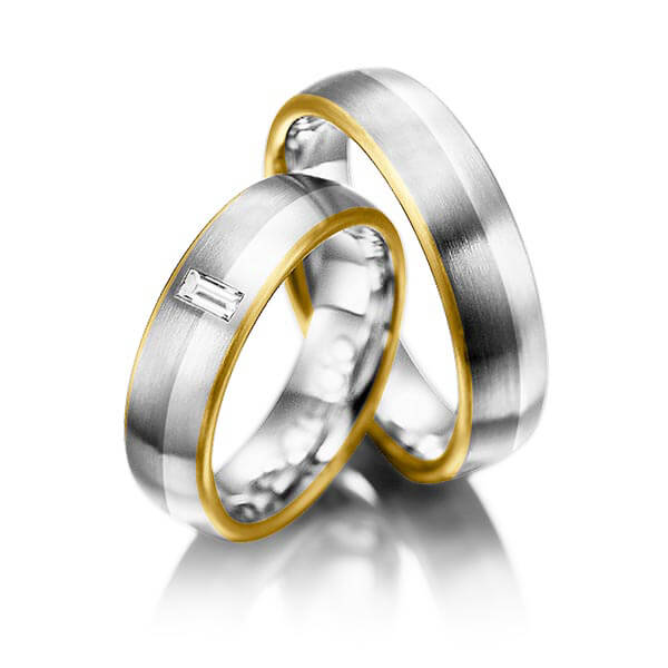Set Bicolor trouwringen in geelgoud 18 kt. grijsgoud 18 kt. palladium 950 met in totaal 0,1 ct. Baguette-Diamant tw,vs van acredo