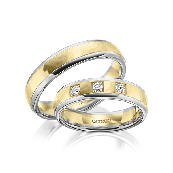 Set Bicolor trouwringen in grijsgoud 14 kt. geelgoud 14 kt. , hamerslag met in totaal 0,15 ct. Briljant tw/si van acredo - A-2011-9