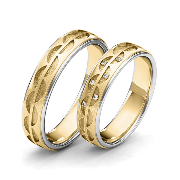 Set Bicolor trouwringen in grijsgoud 14 kt. geelgoud 14 kt. Laser Structuur met in totaal 0,03 ct. Briljant tw/si van Eternal Touch