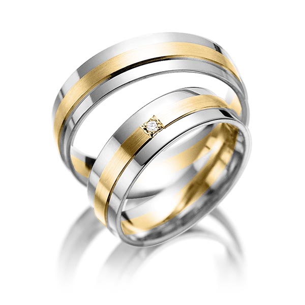Set Bicolor trouwringen in grijsgoud 14 kt. geelgoud 14 kt. met in totaal 0,015 ct. Briljant tw/si van Eternal Touch