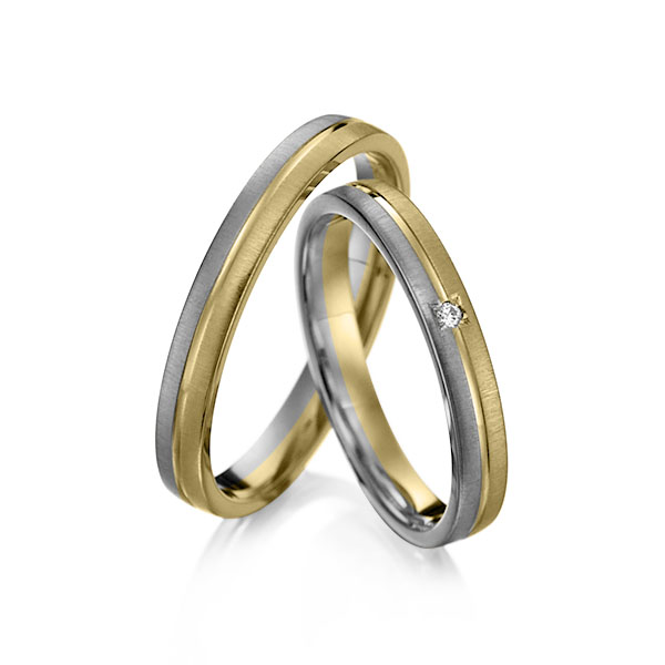 Set Bicolor trouwringen in grijsgoud 14 kt. geelgoud 14 kt. met in totaal 0,015 ct. Briljant tw/si van Merii