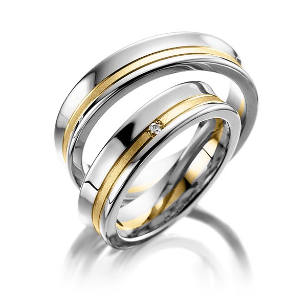 Set Bicolor trouwringen in grijsgoud 14 kt. geelgoud 14 kt. met in totaal 0,015 ct. Briljant tw/si van Steinberg - Q-1050-5