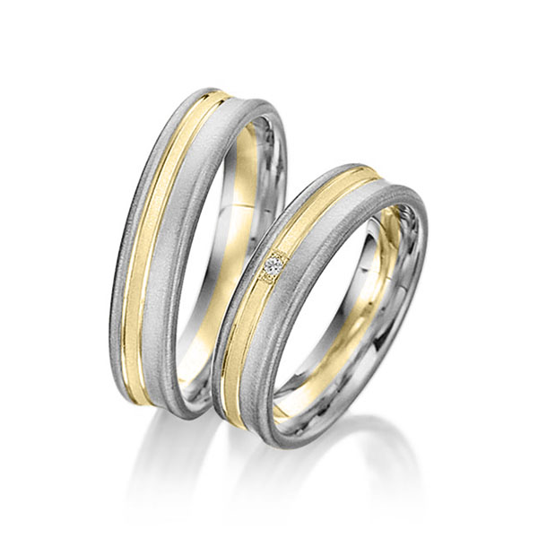 Set Bicolor trouwringen in grijsgoud 14 kt. geelgoud 14 kt. met in totaal 0,01 ct. Briljant tw/si van Merii