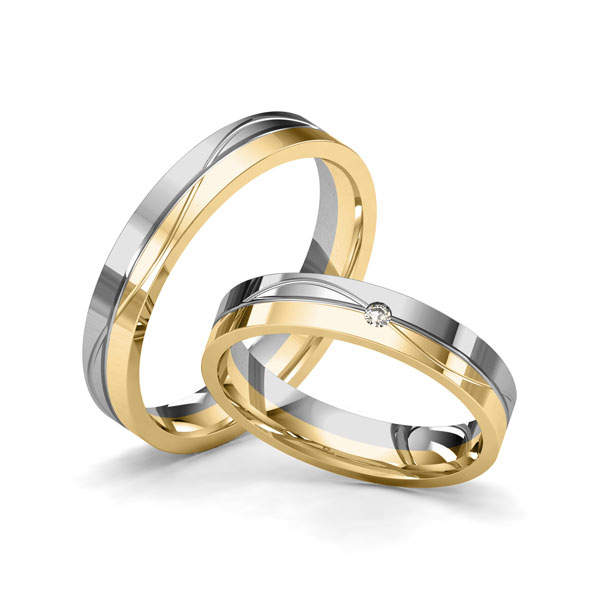 Set Bicolor trouwringen in grijsgoud 14 kt. geelgoud 14 kt. met in totaal 0,02 ct. Briljant tw/si van Merii