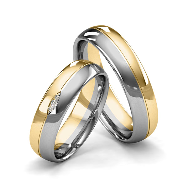 Set Bicolor trouwringen in grijsgoud 14 kt. geelgoud 14 kt. met in totaal 0,02 ct. Briljant tw/si van Merii