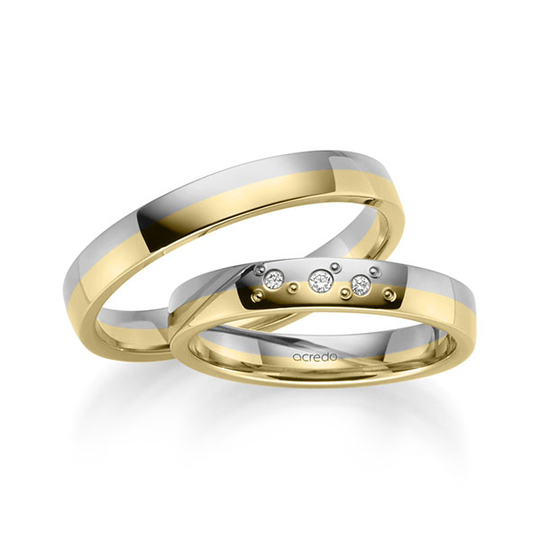 Set Bicolor trouwringen in grijsgoud 14 kt. geelgoud 14 kt. met in totaal 0,031 ct. Briljant tw/si van acredo