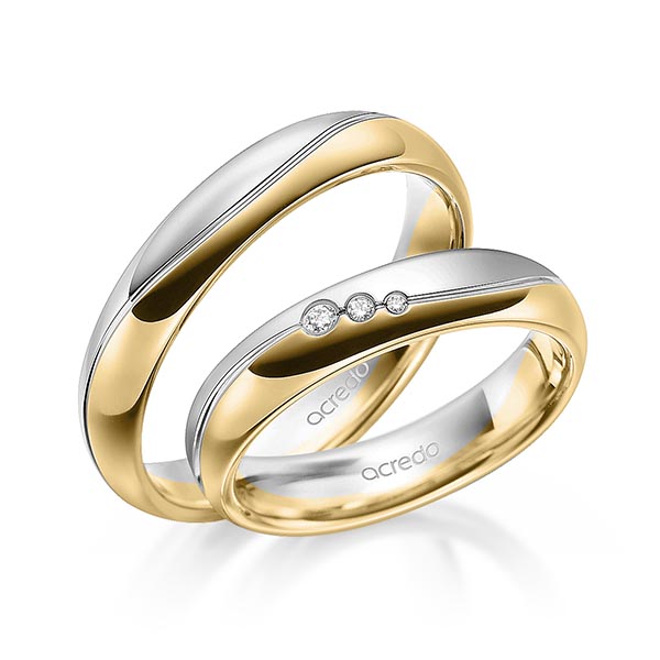 Set Bicolor trouwringen in grijsgoud 14 kt. geelgoud 14 kt. met in totaal 0,035 ct. Briljant tw/si van acredo - A-1699-10 Set Bicolor trouwringen in grijsgoud 14 kt. geelgoud 14 kt. met in totaal 0,035 ct. Briljant tw/si van acredo - A-1699-10