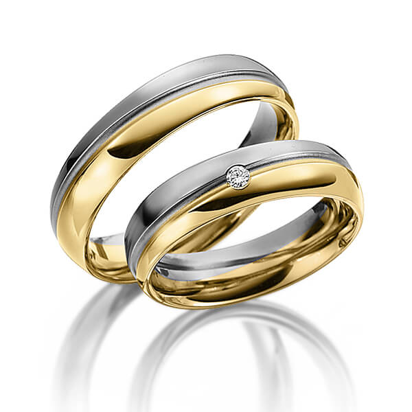 Set Bicolor trouwringen in grijsgoud 14 kt. geelgoud 14 kt. met in totaal 0,03 ct. Briljant tw/si van Eternal Touch