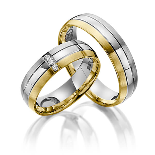 Set Bicolor trouwringen in grijsgoud 14 kt. geelgoud 14 kt. met in totaal 0,03 ct. Briljant tw/si van Steinberg - Q-1051-5