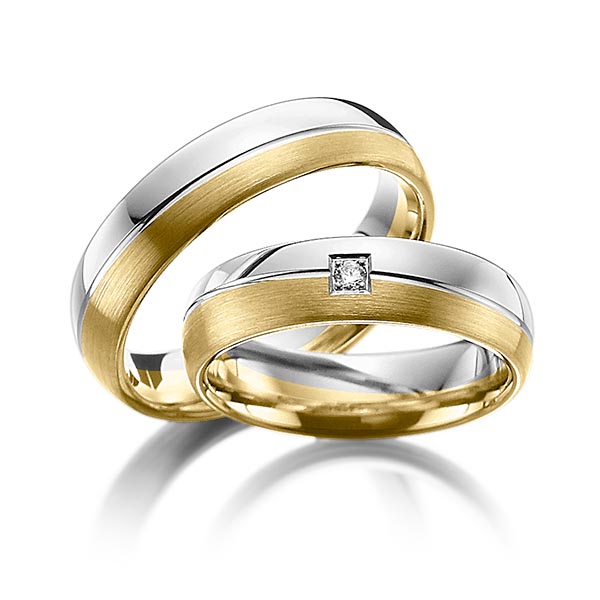 Set Bicolor trouwringen in grijsgoud 14 kt. geelgoud 14 kt. met in totaal 0,03 ct. Briljant tw/si van Steinberg