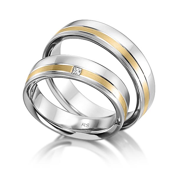 Set Bicolor trouwringen in grijsgoud 14 kt. geelgoud 14 kt. met in totaal 0,03 ct. Princess-Diamant tw,vs van acredo - S-1130-8