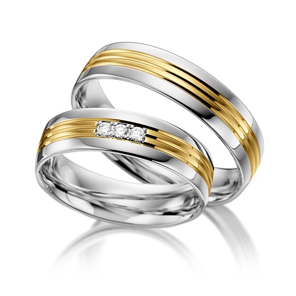 Set Bicolor trouwringen in grijsgoud 14 kt. geelgoud 14 kt. met in totaal 0,045 ct. Briljant tw/si van acredo - S-1100-10