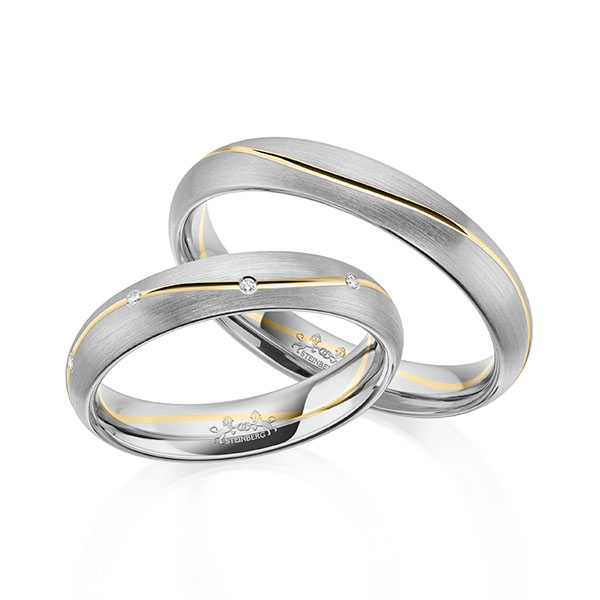 Set Bicolor trouwringen in grijsgoud 14 kt. geelgoud 14 kt. met in totaal 0,045 ct. Briljant tw/si van Steinberg