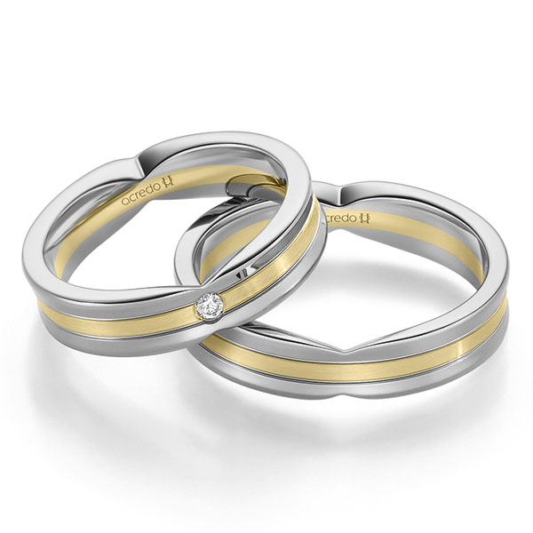 Set Bicolor trouwringen in grijsgoud 14 kt. geelgoud 14 kt. met in totaal 0,04 ct. Briljant tw/si van acredo