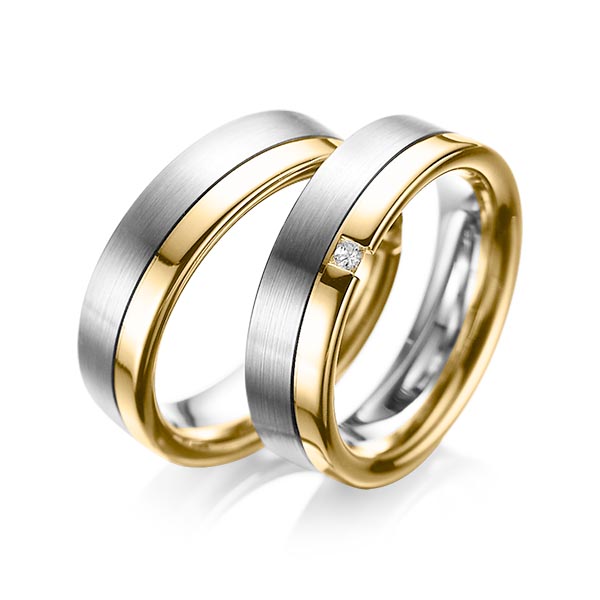 Set Bicolor trouwringen in grijsgoud 14 kt. geelgoud 14 kt. met in totaal 0,04 ct. Princess-Diamant tw/si van acredo - A-1064-6