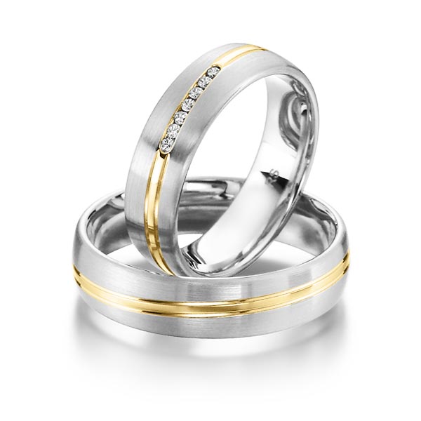 Set Bicolor trouwringen in grijsgoud 14 kt. geelgoud 14 kt. met in totaal 0,056 ct. Briljant tw/si van acredo - S-1140-8