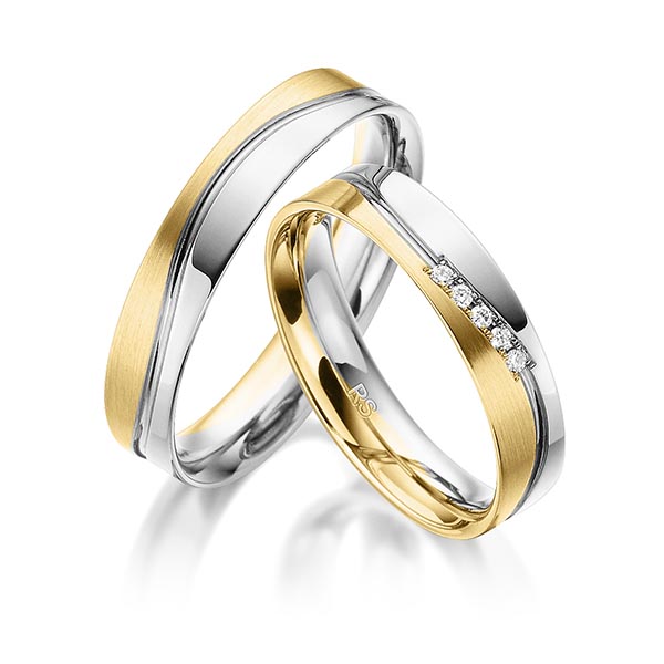 Set Bicolor trouwringen in grijsgoud 14 kt. geelgoud 14 kt. met in totaal 0,05 ct. Briljant tw/si van acredo
