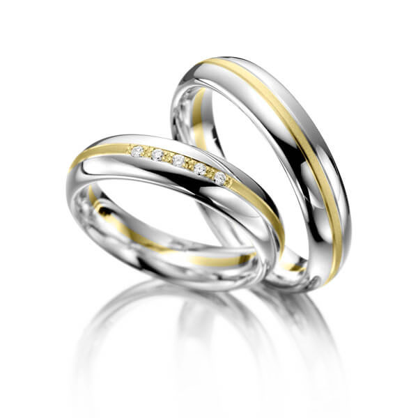 Set Bicolor trouwringen in grijsgoud 14 kt. geelgoud 14 kt. met in totaal 0,05 ct. Briljant tw/si van Merii