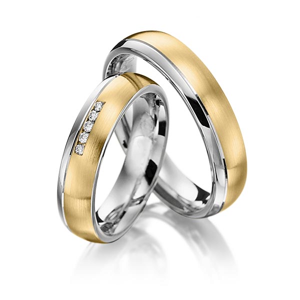 Set Bicolor trouwringen in grijsgoud 14 kt. geelgoud 14 kt. met in totaal 0,05 ct. Briljant tw/si van Steinberg
