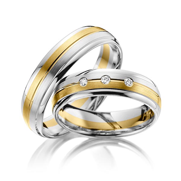 Set Bicolor trouwringen in grijsgoud 14 kt. geelgoud 14 kt. met in totaal 0,06 ct. Briljant tw/si van Steinberg - T-1139-8