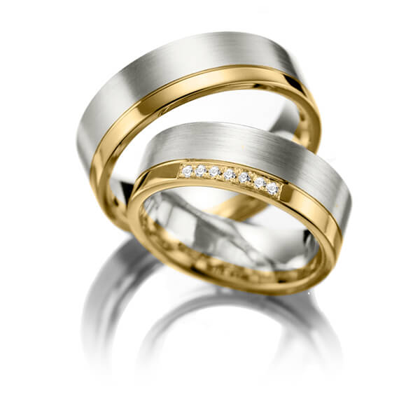 Set Bicolor trouwringen in grijsgoud 14 kt. geelgoud 14 kt. met in totaal 0,07 ct. Briljant tw/si van Merii - M-1167-10