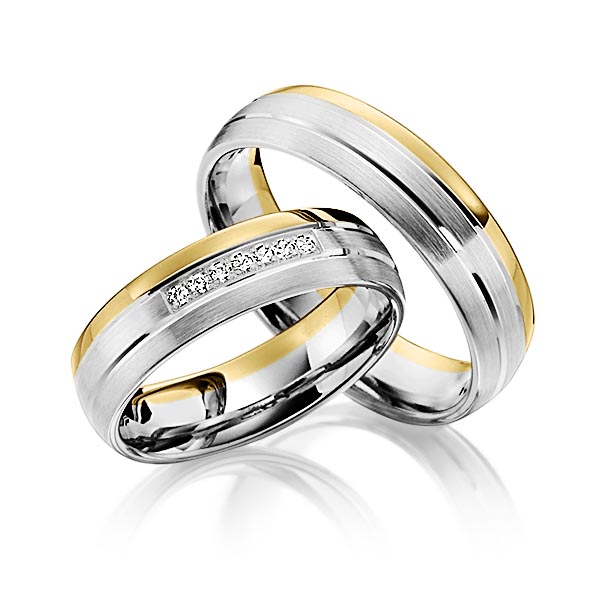 Set Bicolor trouwringen in grijsgoud 14 kt. geelgoud 14 kt. met in totaal 0,07 ct. Briljant tw/si van Steinberg