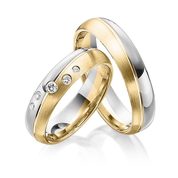 Set Bicolor trouwringen in grijsgoud 14 kt. geelgoud 14 kt. met in totaal 0,086 ct. Briljant tw/si van Steinberg