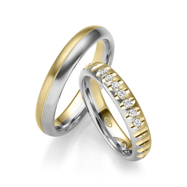 Set Bicolor trouwringen in grijsgoud 14 kt. geelgoud 14 kt. met in totaal 0,14 ct. Briljant tw/si van Merii