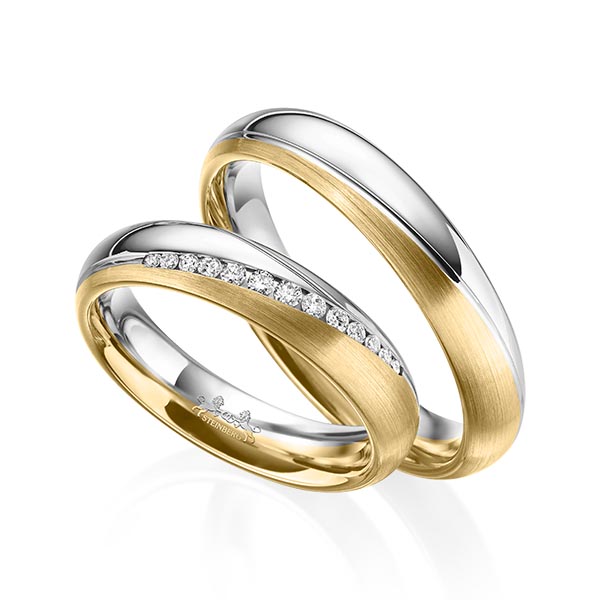 Set Bicolor trouwringen in grijsgoud 14 kt. geelgoud 14 kt. met in totaal 0,14 ct. Briljant tw/si van Steinberg